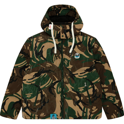 MOONFACE LOGO CAMO HOODED PUFFER JACKET