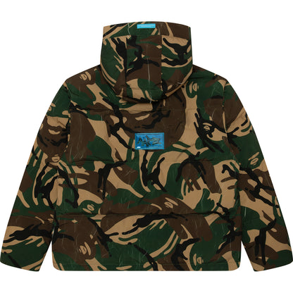 MOONFACE LOGO CAMO HOODED PUFFER JACKET