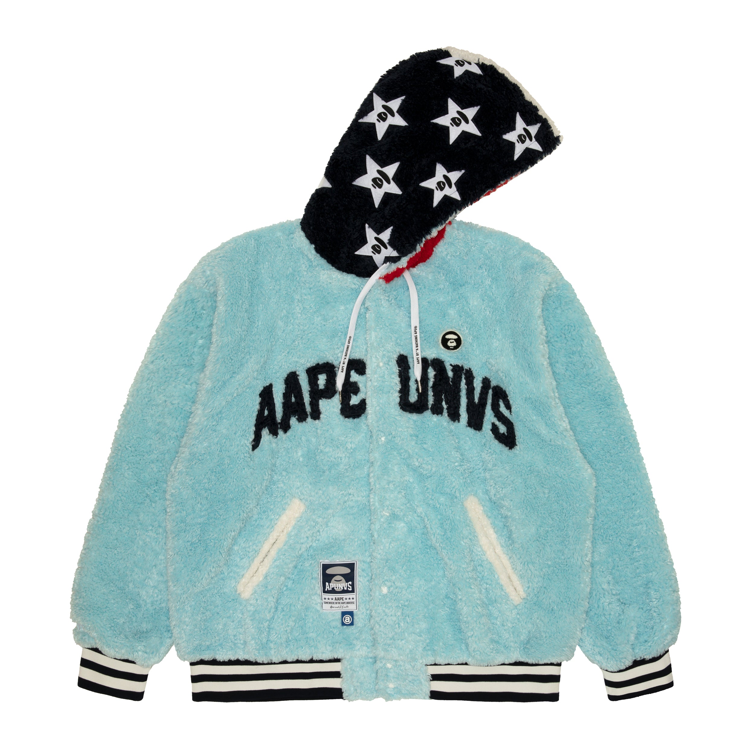 MOONFACE HOODED FLUFFY VARSITY JACKET