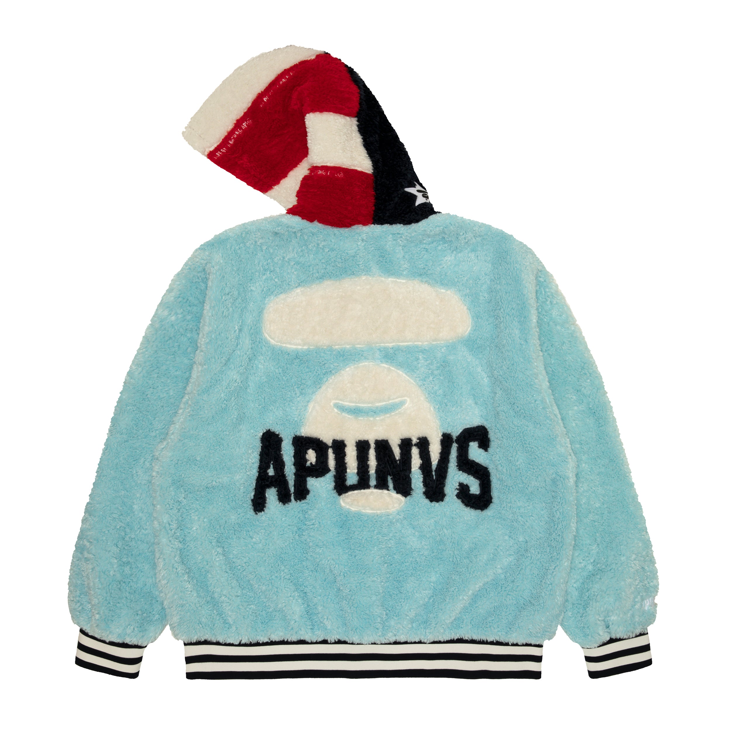 MOONFACE HOODED FLUFFY VARSITY JACKET