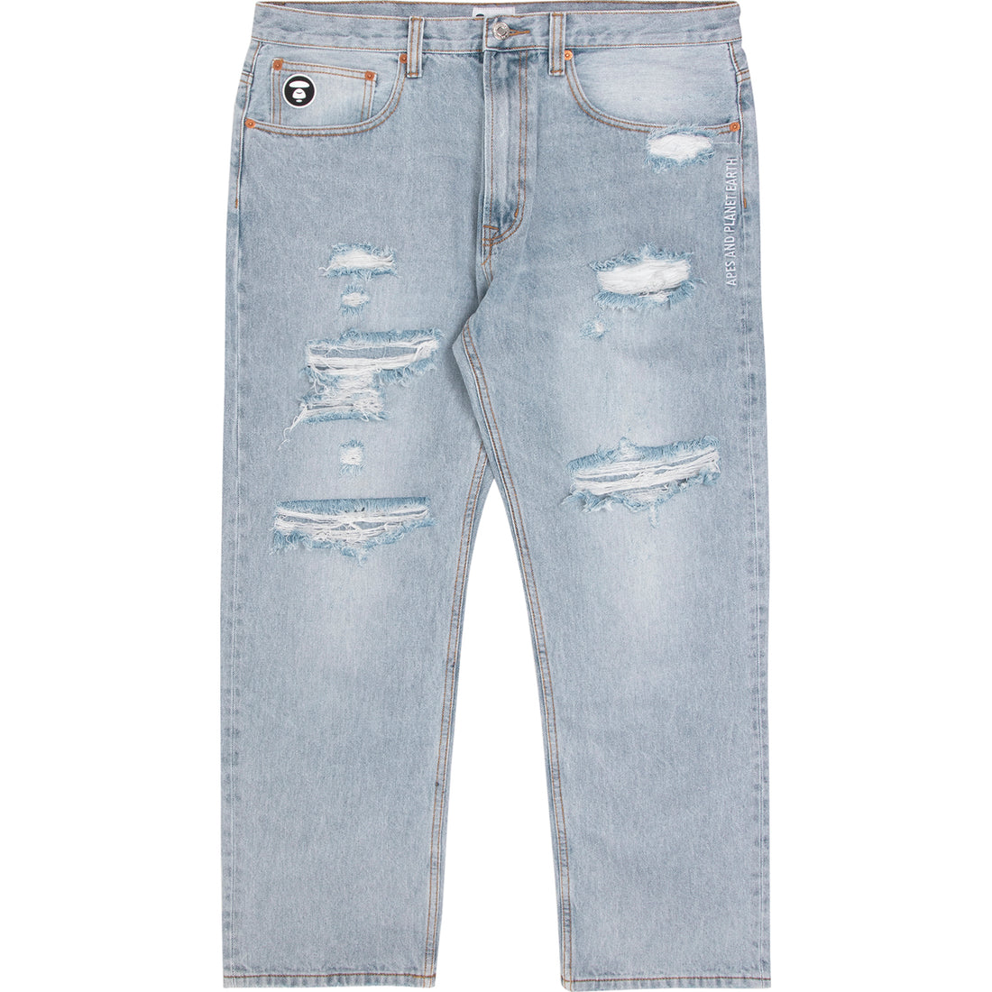 AAPE X 9090 STYLE MOONFACE PATCH DISTRESSED JEANS