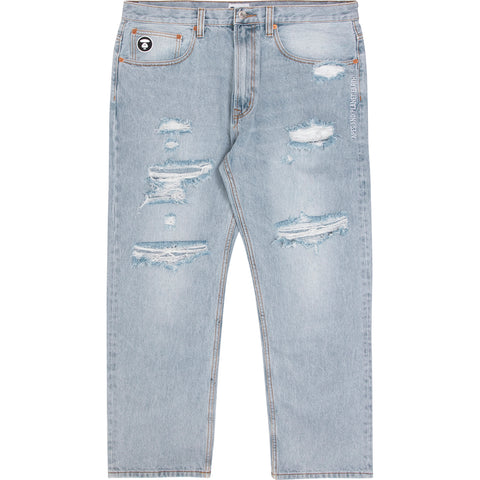 AAPE X 9090 STYLE MOONFACE PATCH DISTRESSED JEANS