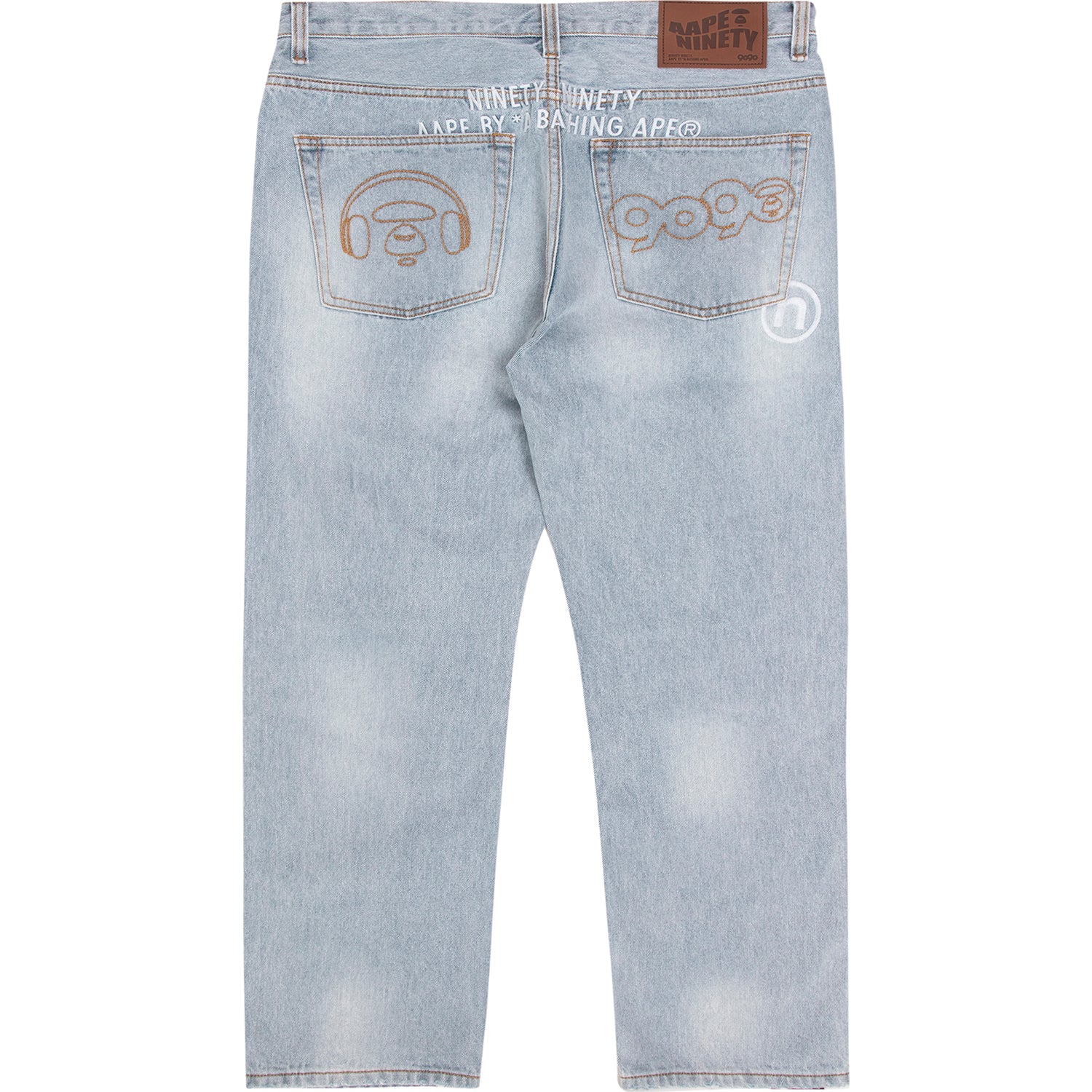 AAPE X 9090 STYLE MOONFACE PATCH DISTRESSED JEANS